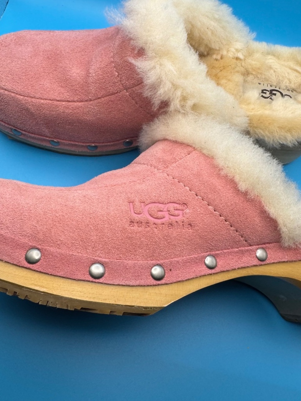 Ugg Australia Kalie Pink Suede Sheepskin Heeled Clogs Women US 6 EU 37